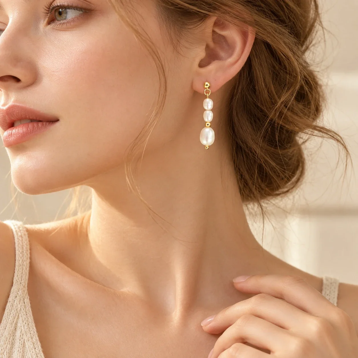 Triple Freshwater Pearl Gold-Plated Stainless Steel Drop Earrings