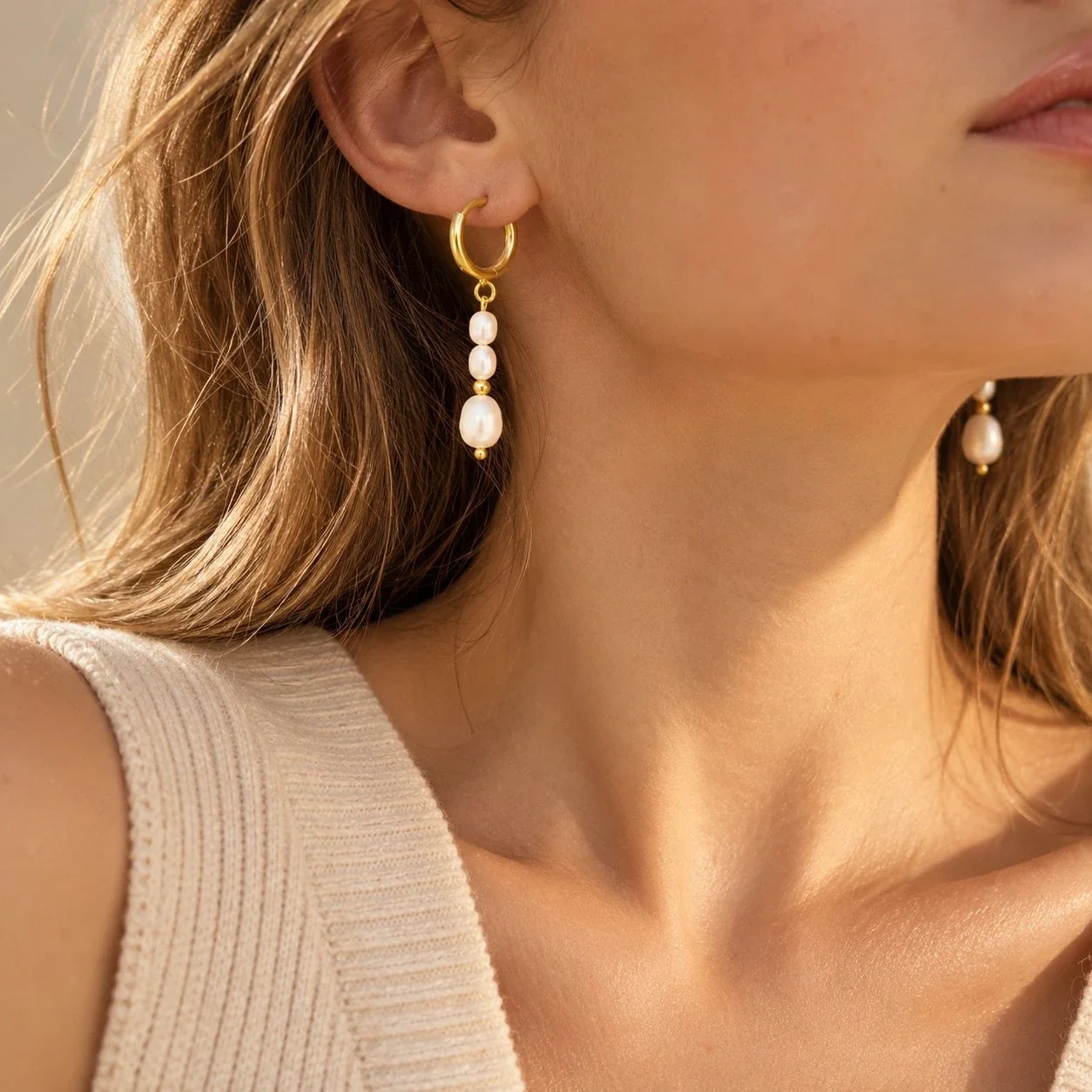 Triple Freshwater Pearl Gold-Plated Stainless Steel Drop Earrings