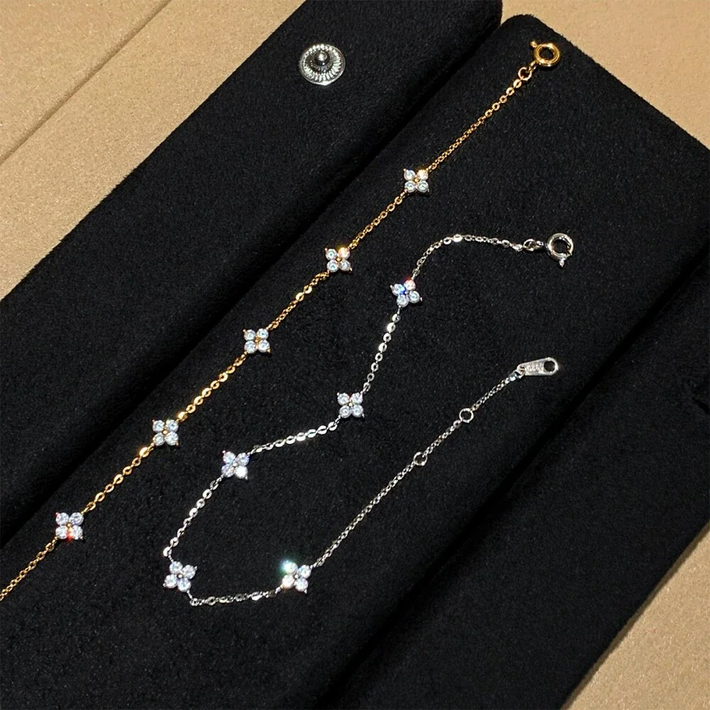 Delicate 925 Sterling Silver Clover CZ Station Bracelet