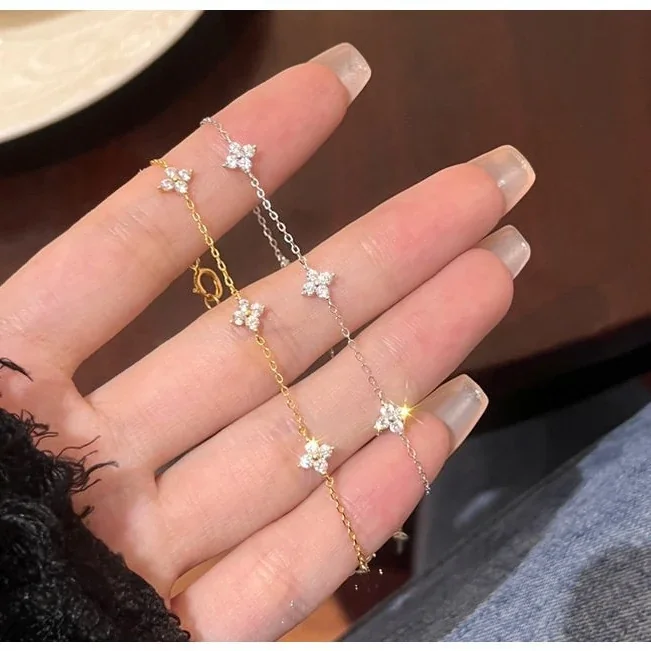 Delicate 925 Sterling Silver Clover CZ Station Bracelet