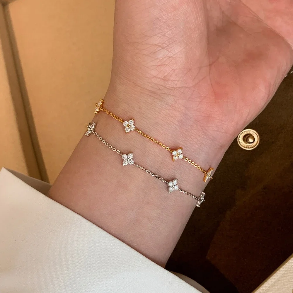 Delicate 925 Sterling Silver Clover CZ Station Bracelet