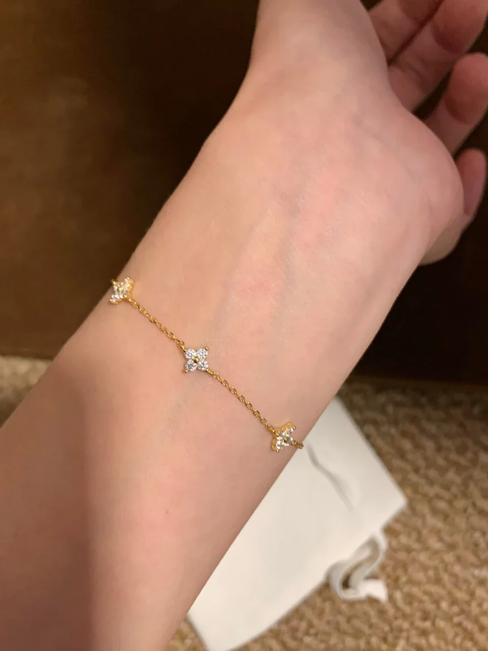 Delicate 925 Sterling Silver Clover CZ Station Bracelet - Gold