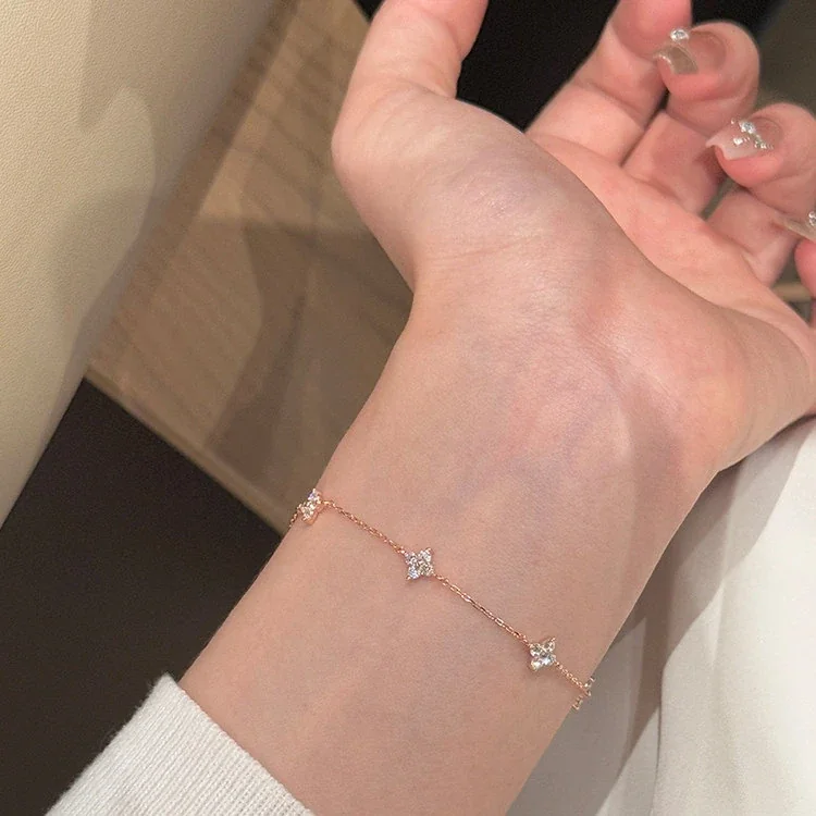 Delicate 925 Sterling Silver Clover CZ Station Bracelet - Rose Gold