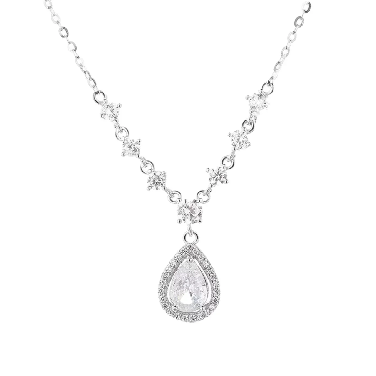 Dainty Teardrop 925 Sterling Silver Pavé Halo Necklace