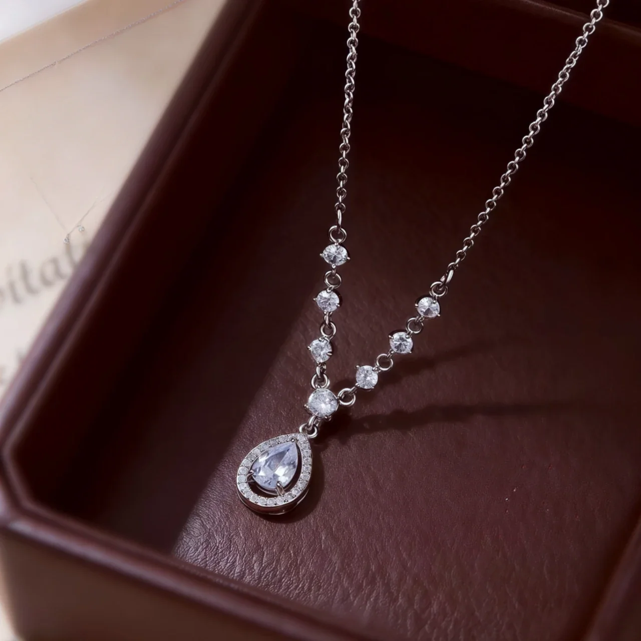Dainty Teardrop 925 Sterling Silver Pavé Halo Necklace