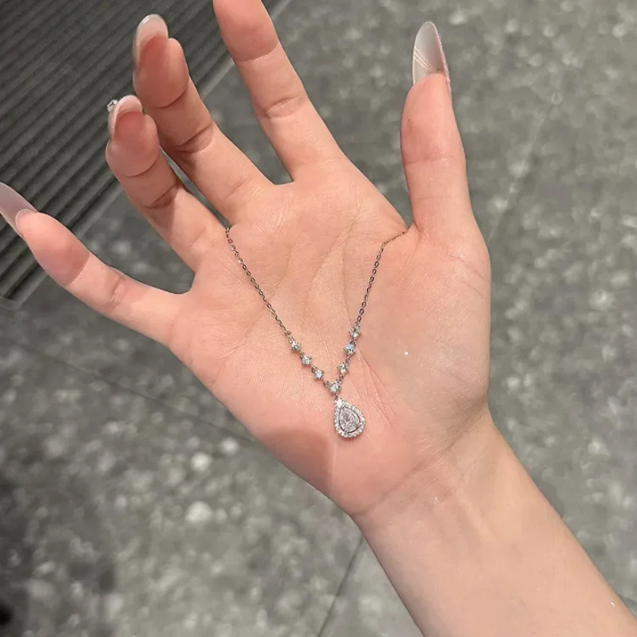 Dainty Teardrop 925 Sterling Silver Pavé Halo Necklace