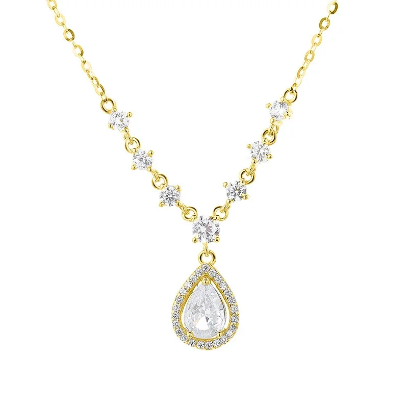 Dainty Teardrop 925 Sterling Silver Pavé Halo Necklace - Gold