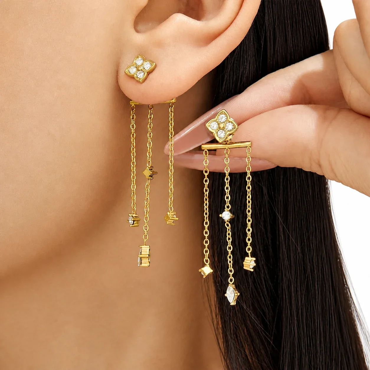 Clover Stud Bar Tassel Stainless Steel Earrings