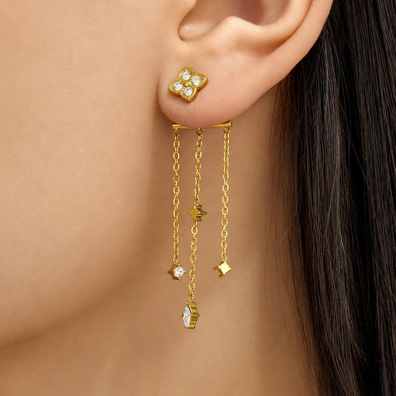 Clover Stud Bar Tassel Stainless Steel Earrings