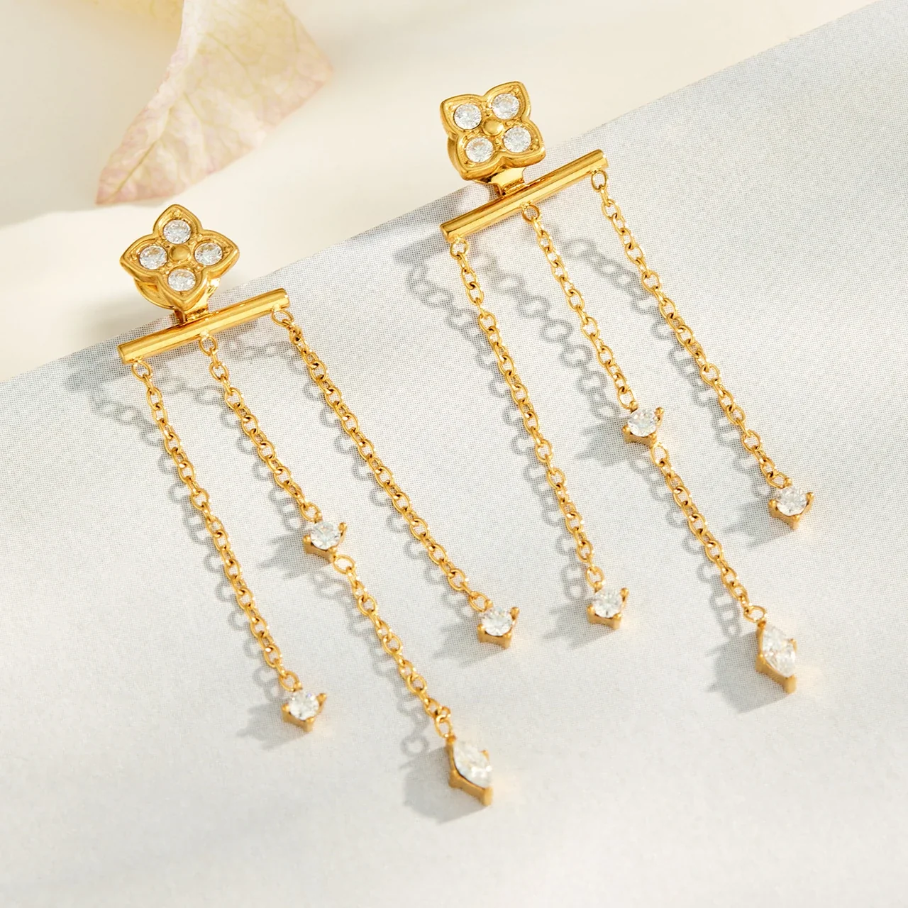 Clover Stud Bar Tassel Stainless Steel Earrings