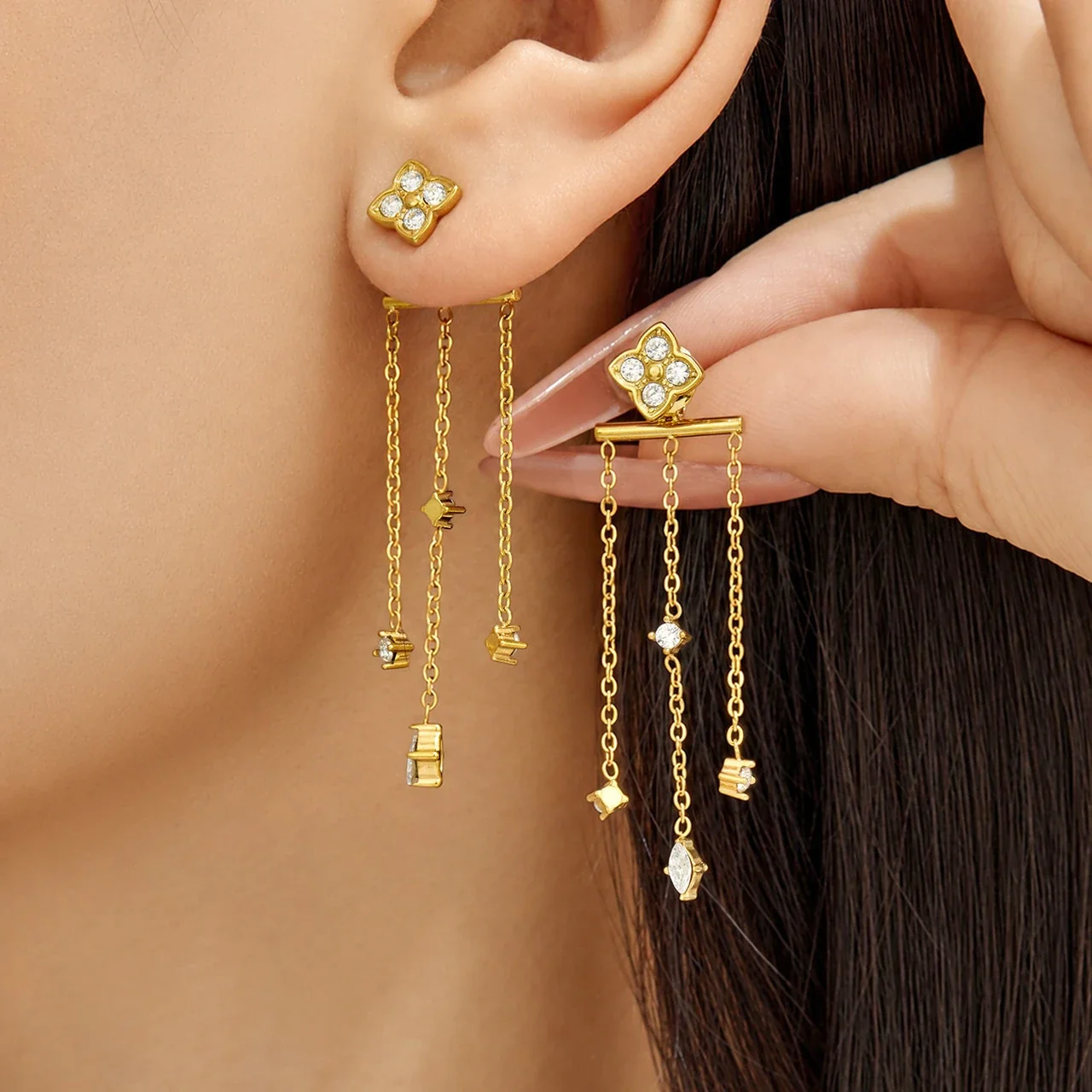 Clover Stud Bar Tassel Stainless Steel Earrings
