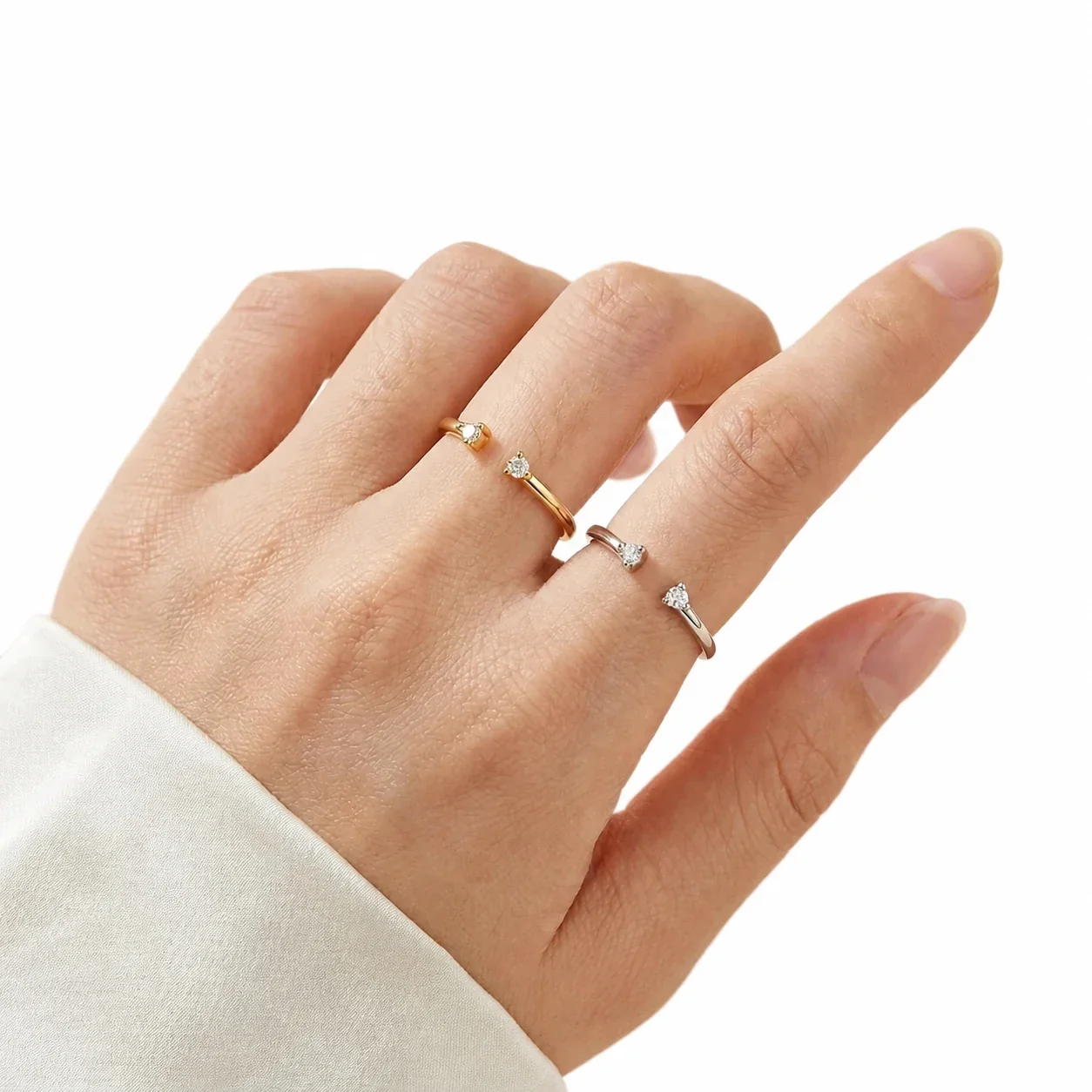 Delicate Open-Front 925 Sterling Silver Round Crystal Ring