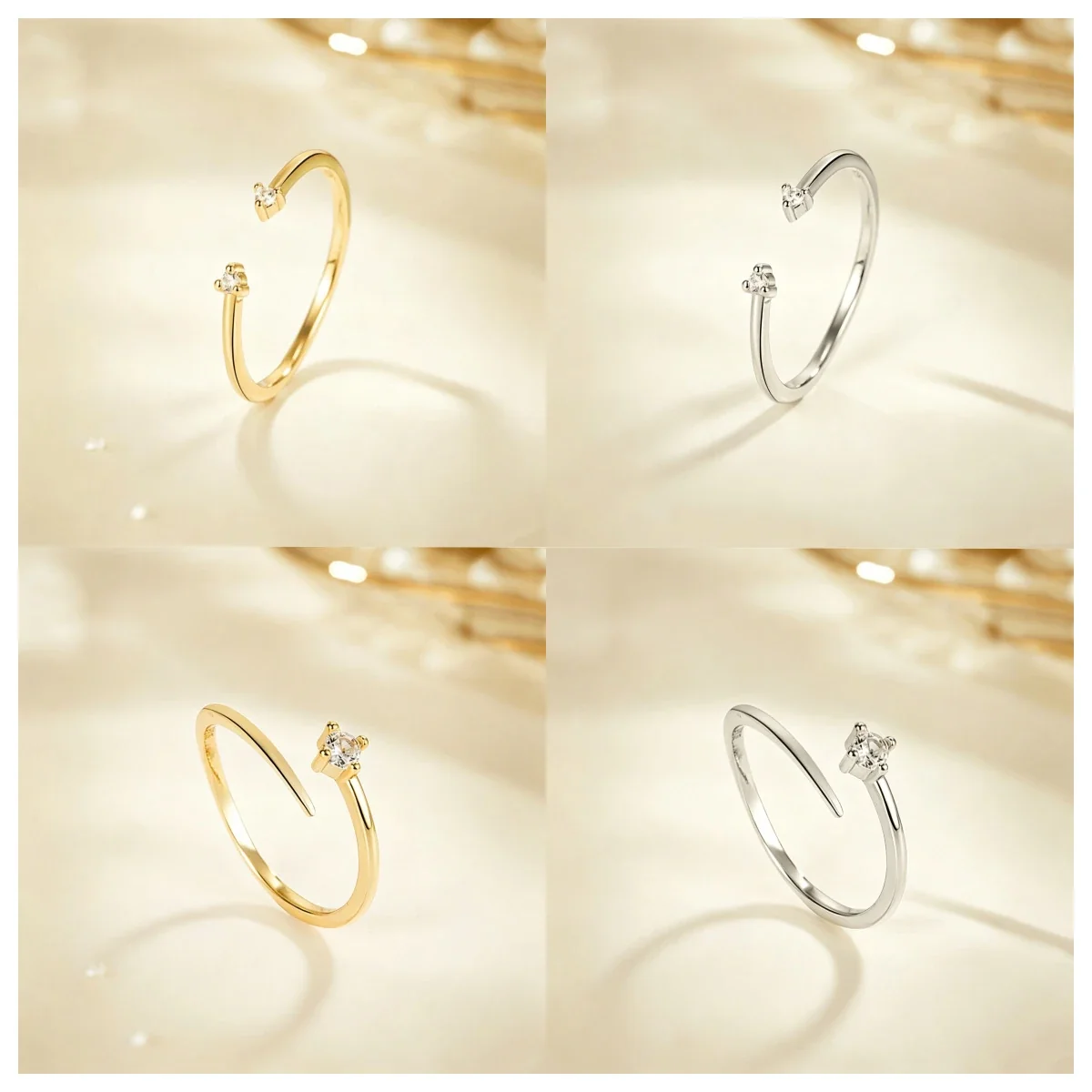 Delicate Open-Front 925 Sterling Silver Round Crystal Ring