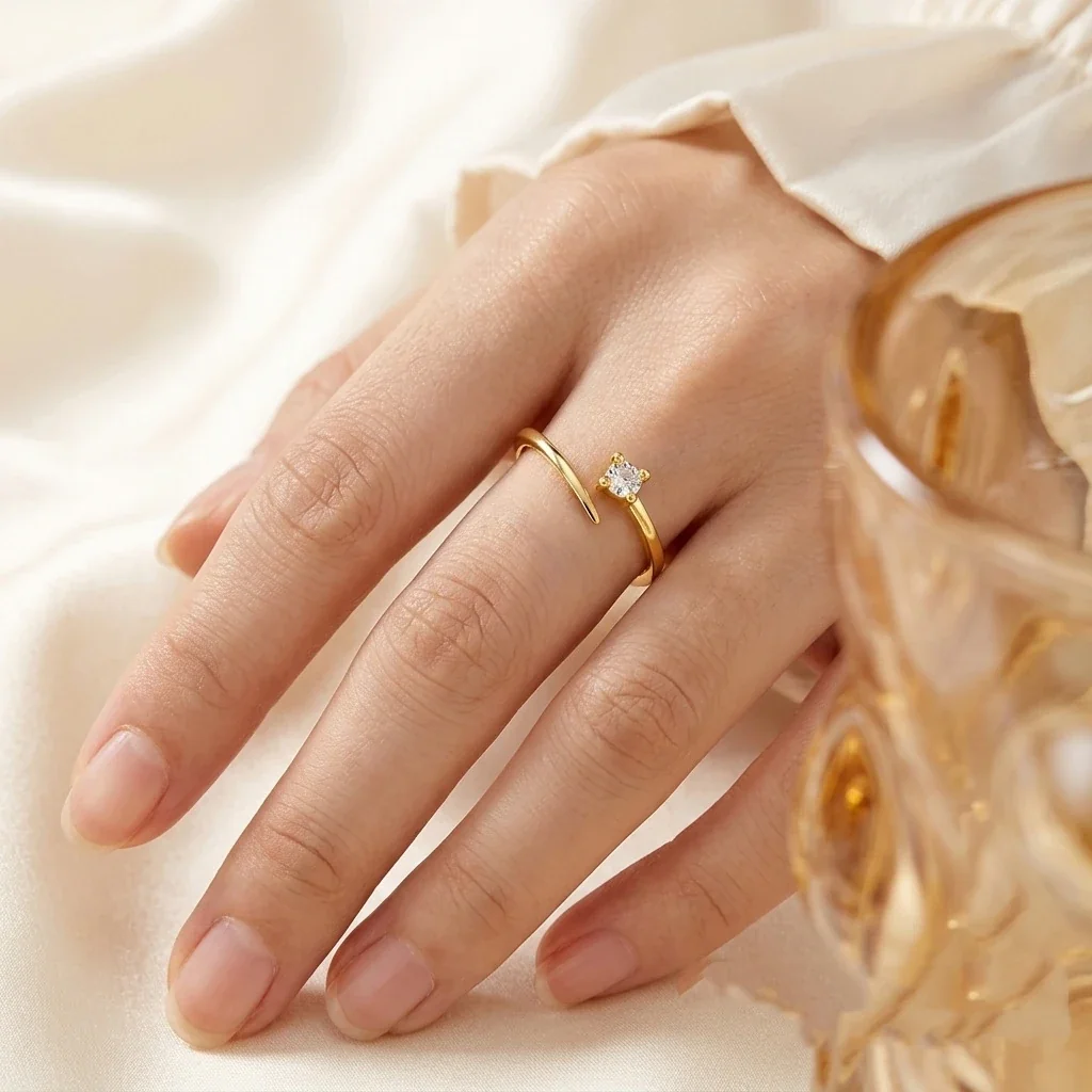 Delicate Open-Front 925 Sterling Silver Round Crystal Ring
