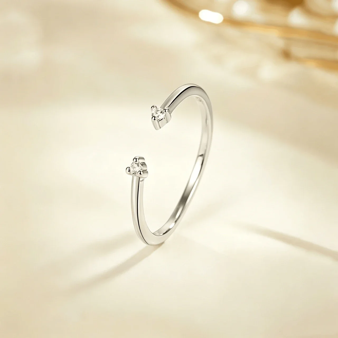 Delicate Open-Front 925 Sterling Silver Round Crystal Ring - Silver Double Stone