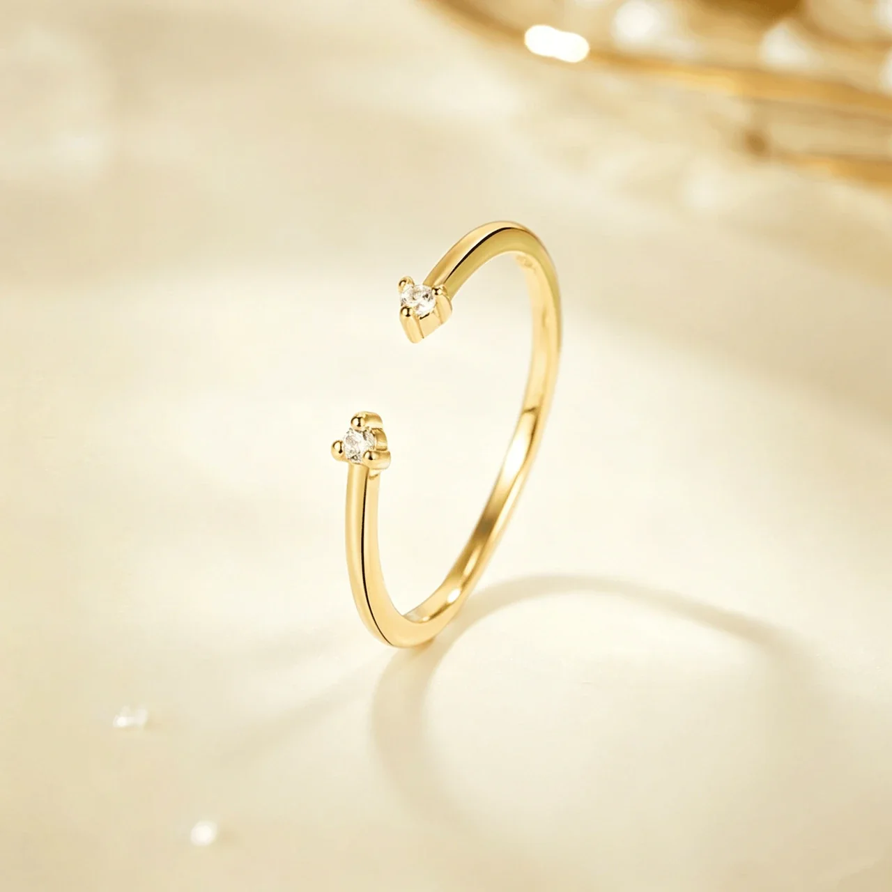 Delicate Open-Front 925 Sterling Silver Round Crystal Ring - Gold Double Stone