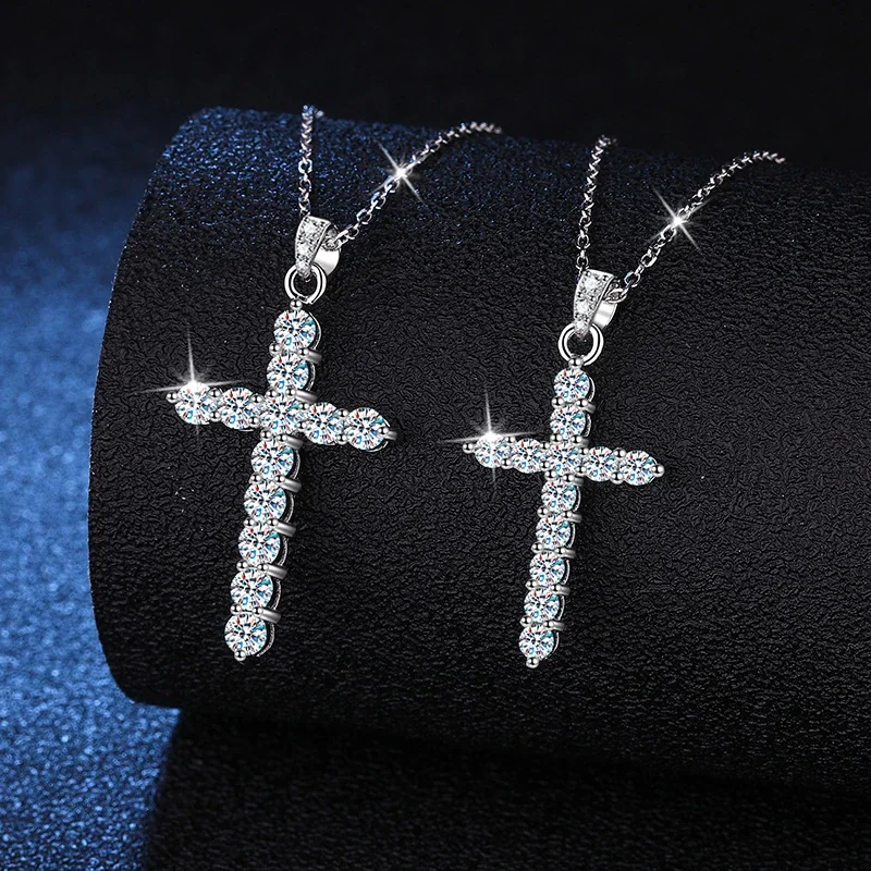 Radiant 925 Sterling Silver Pavé Cross Moissanite Necklace