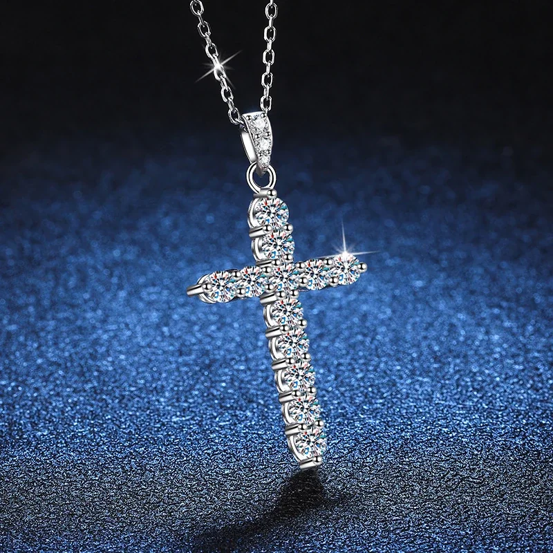 Radiant 925 Sterling Silver Pavé Cross Moissanite Necklace