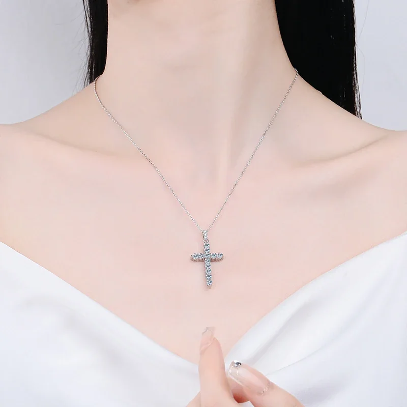 Radiant 925 Sterling Silver Pavé Cross Moissanite Necklace