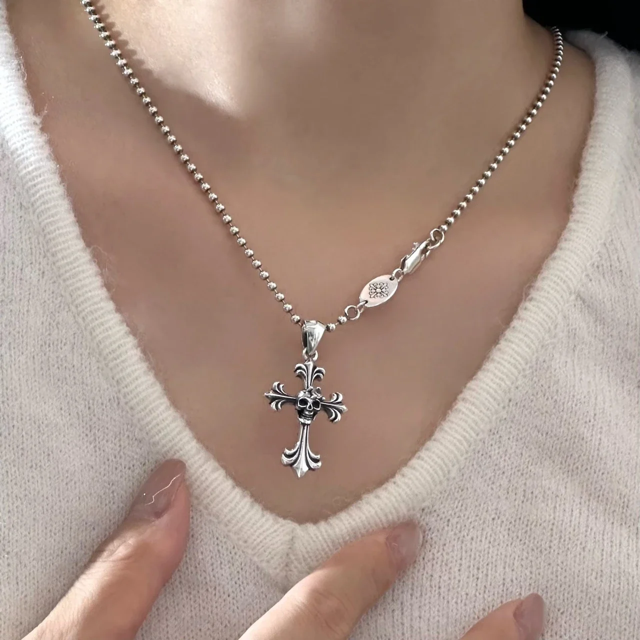Gothic Skull Cross 925 Sterling Silver Bead Chain Necklace