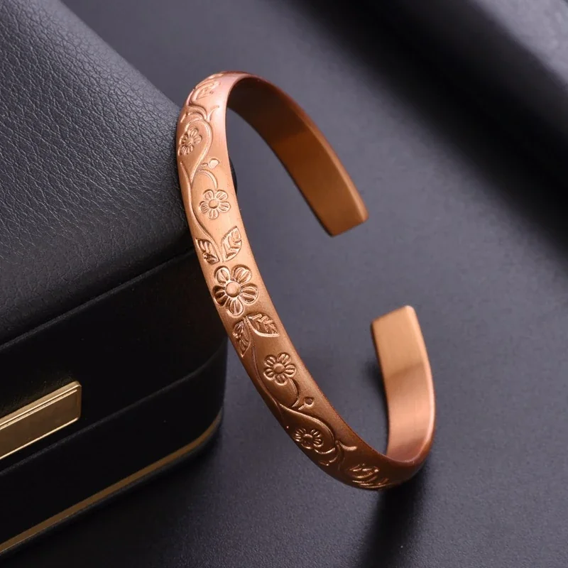 Botanical Copper Open Cuff Floral Engraved Bangle
