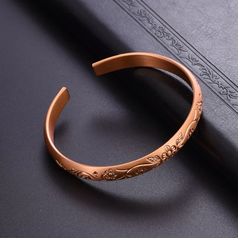 Botanical Copper Open Cuff Floral Engraved Bangle