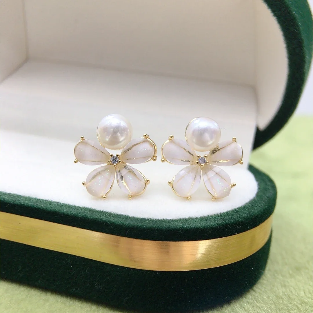 Delicate Gold-Plated Five-Petal Freshwater Pearl Stud Earrings