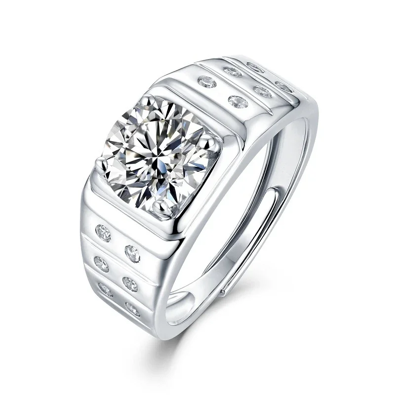 Bold 925 Sterling Silver Round Moissanite Ribbed Signet Ring