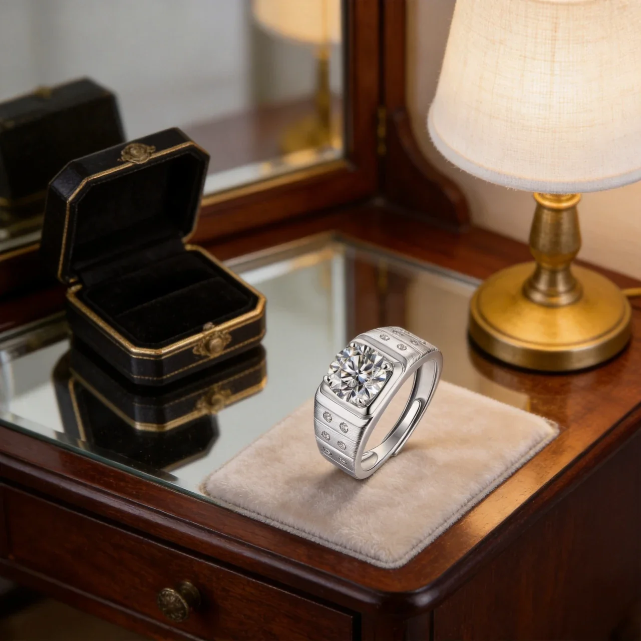 Bold 925 Sterling Silver Round Moissanite Ribbed Signet Ring