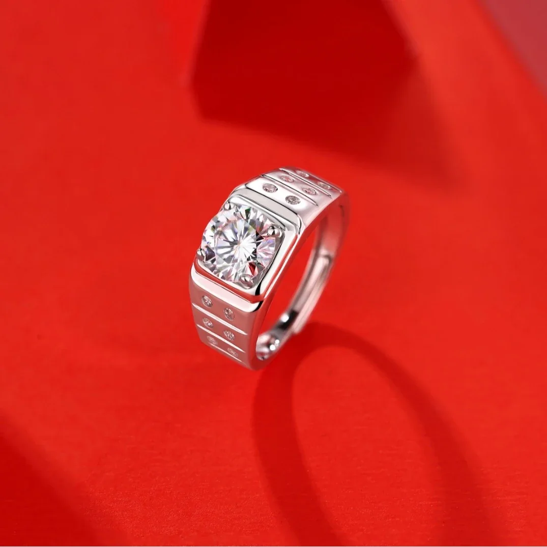 Bold 925 Sterling Silver Round Moissanite Ribbed Signet Ring