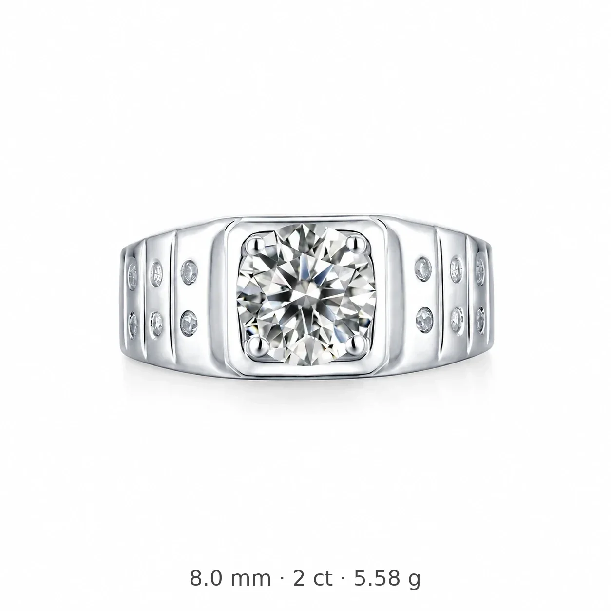 Bold 925 Sterling Silver Round Moissanite Ribbed Signet Ring - Silver