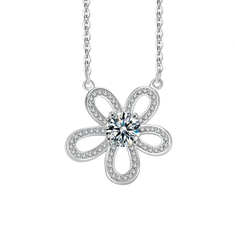 Radiant 925 Sterling Silver Five-Petal Pavé Flower Moissanite Necklace