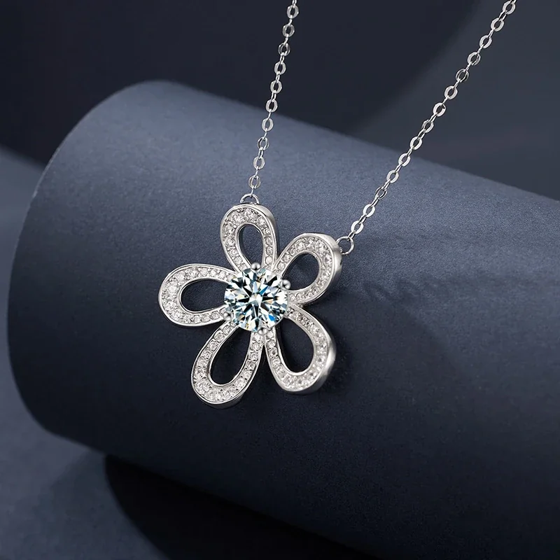 Radiant 925 Sterling Silver Five-Petal Pavé Flower Necklace