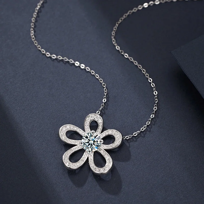 Radiant 925 Sterling Silver Five-Petal Pavé Flower Necklace