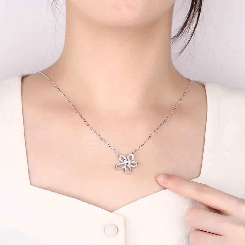 Radiant 925 Sterling Silver Five-Petal Pavé Flower Necklace