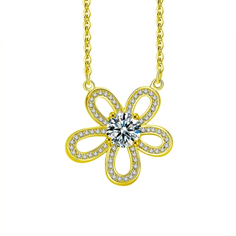 Radiant 925 Sterling Silver Five-Petal Pavé Flower Necklace - Gold