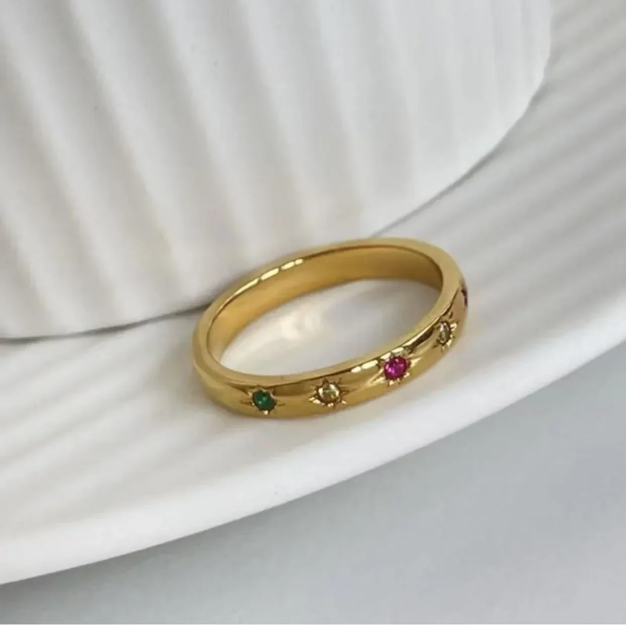 Celestial 18K Gold-Plated Multicolor Stone Band Ring