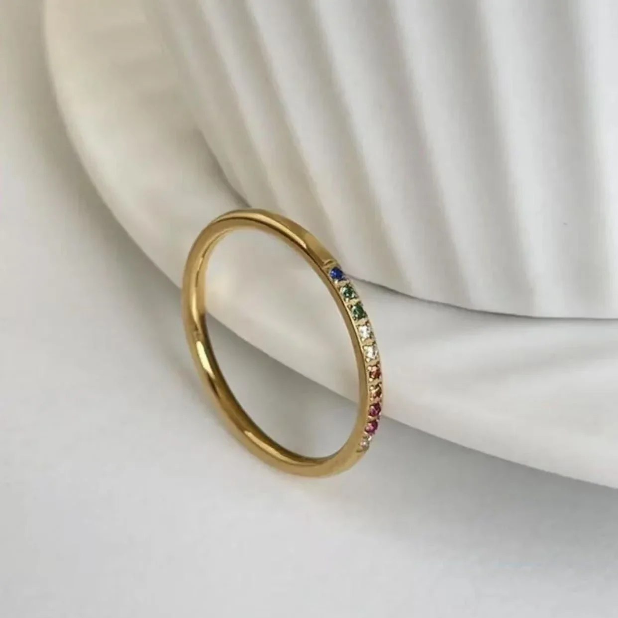 Celestial 18K Gold-Plated Multicolor Stone Band Ring - Gold Slim Rainbow Stone