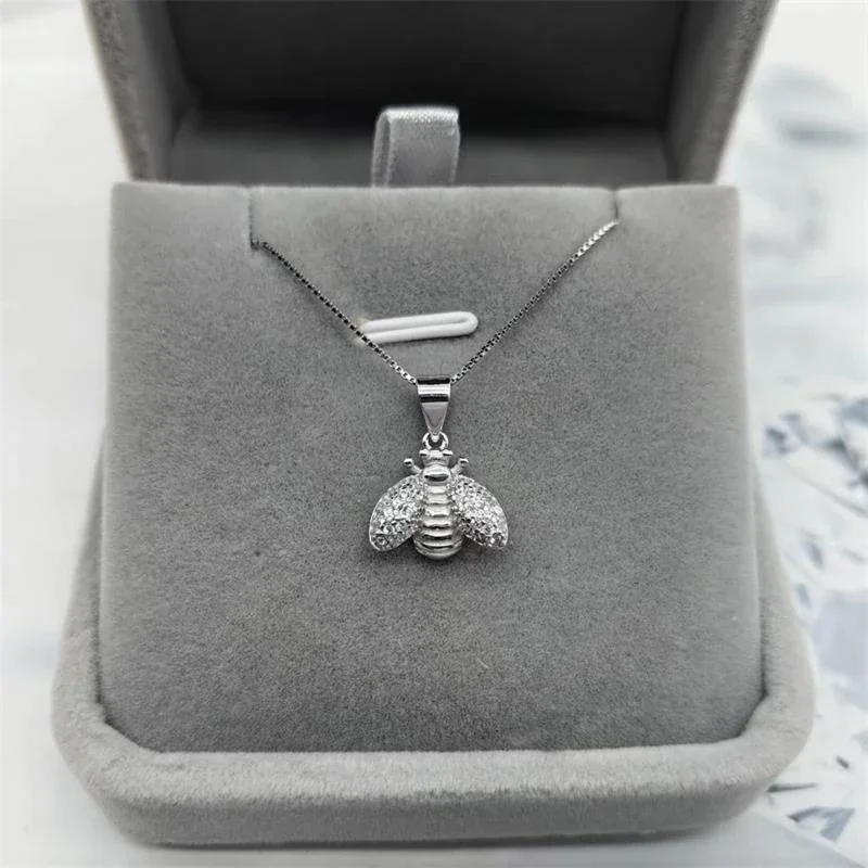 Whimsical 925 sterling silver Pavé Winged Bee Pendant Necklace