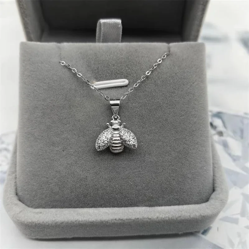 Whimsical 925 sterling silver Pavé Winged Bee Pendant Necklace