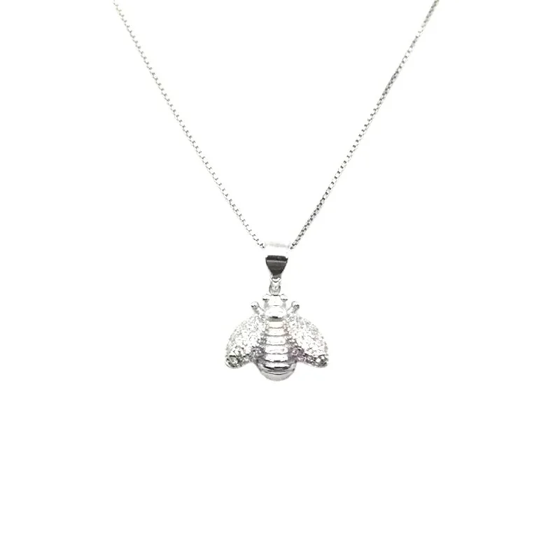 Whimsical 925 sterling silver Pavé Winged Bee Pendant Necklace