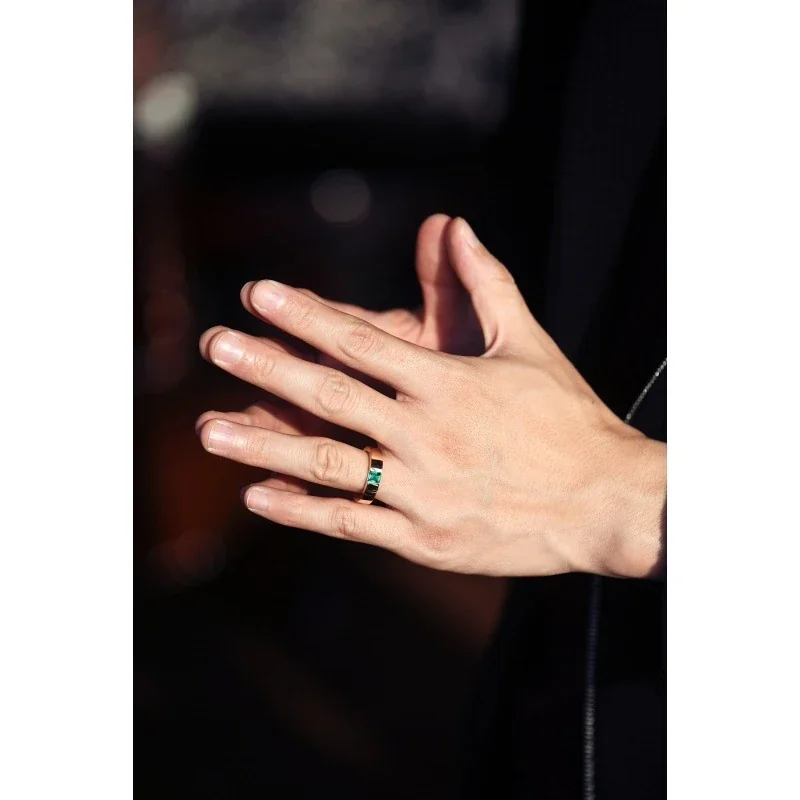 Emerald-Green Baguette Stone Wide-Band Gold-Plated Copper Ring