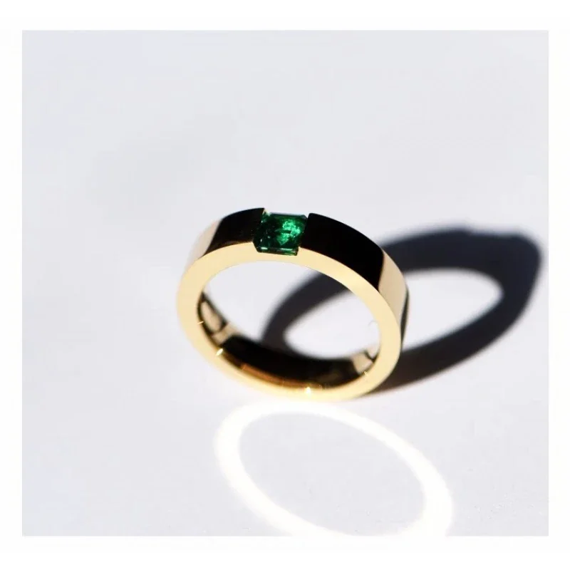 Emerald-Green Baguette Stone Wide-Band Gold-Plated Copper Ring - US
