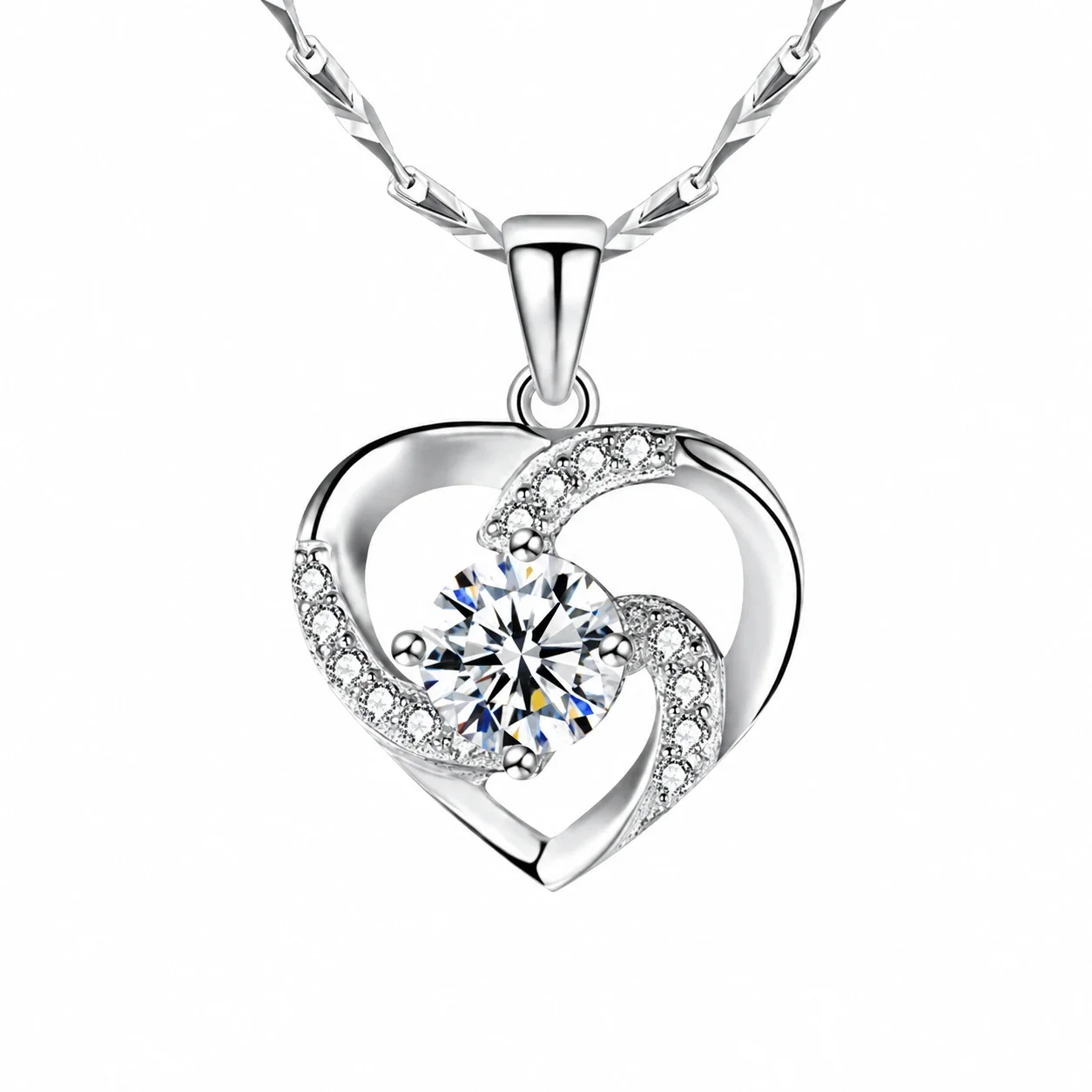 Radiant 925 Sterling Silver Swirl Heart Pave CZ Necklace