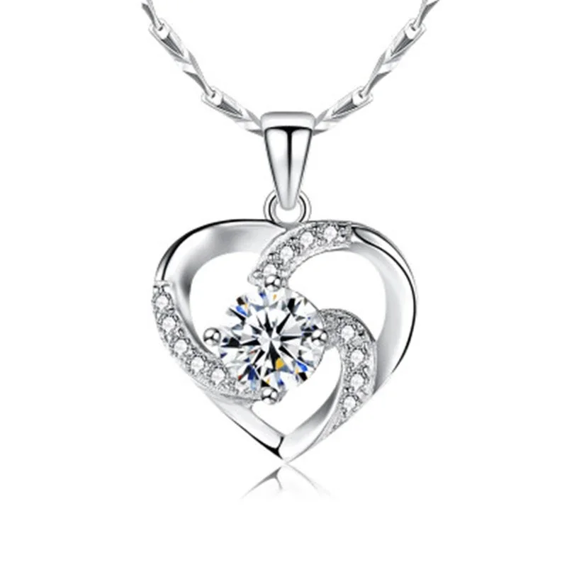 Radiant 925 Sterling Silver Swirl Heart Pave CZ Necklace - Small Clear Cubic Zirconia