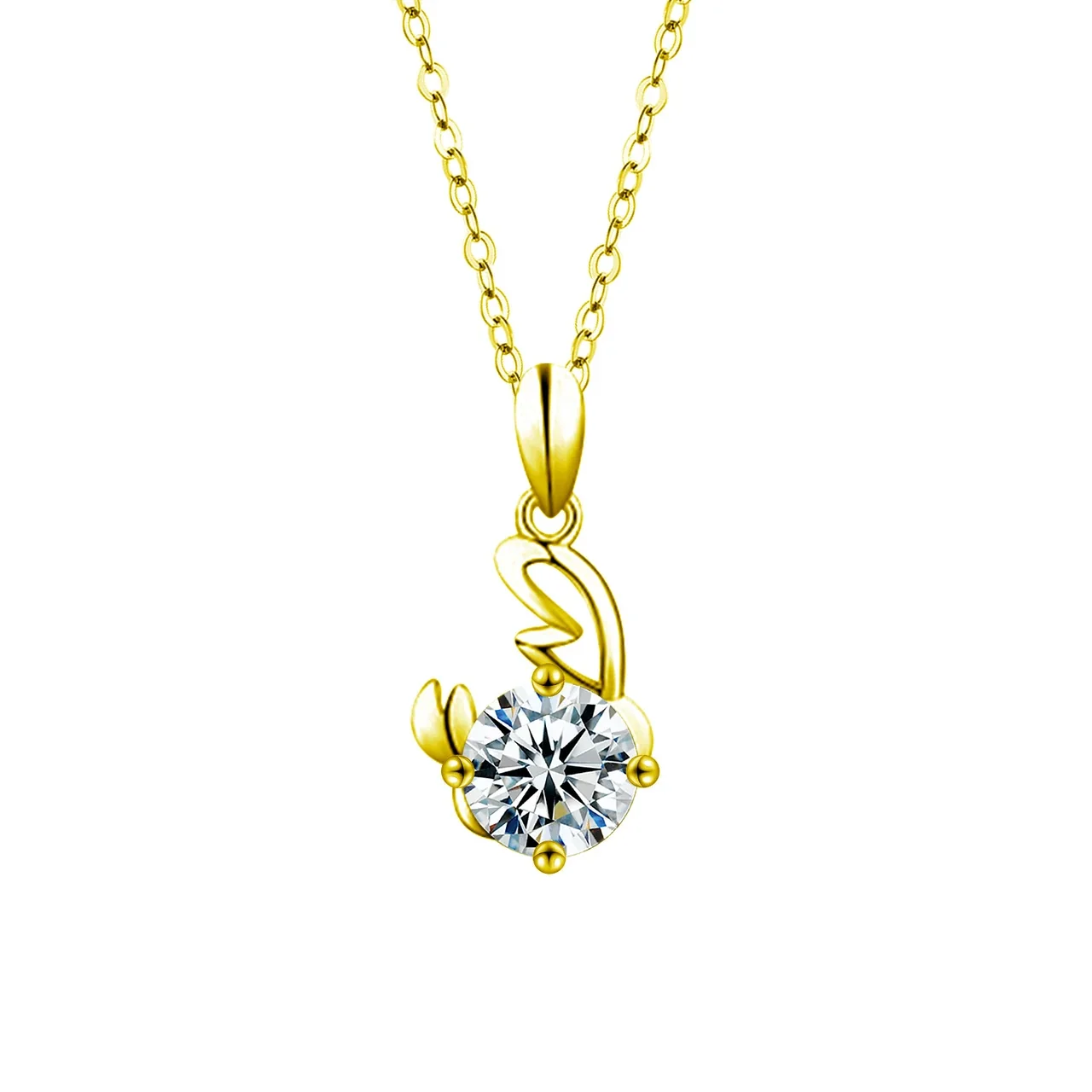 Celestial Zodiac Round Prong-Set Moissanite Necklace - Cancer Gold