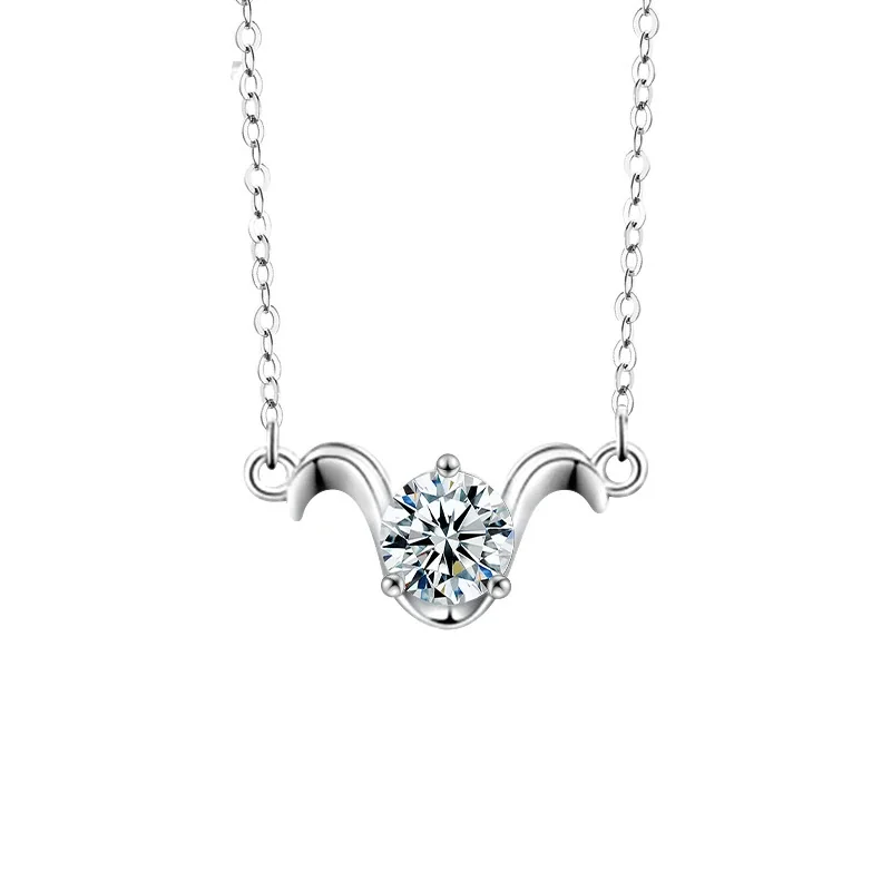 Celestial Zodiac Round Prong-Set Moissanite Necklace - Aries Silver