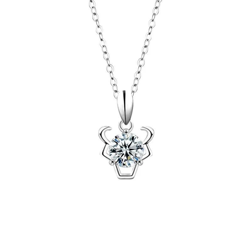 Celestial Zodiac Round Prong-Set Moissanite Necklace - Taurus Silver