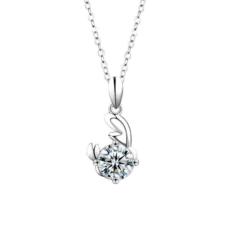Celestial Zodiac Round Prong-Set Moissanite Necklace - Cancer Silver