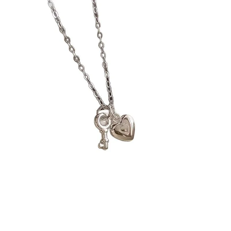 Petite Polished 925 Sterling Silver Heart Key Charm Necklace